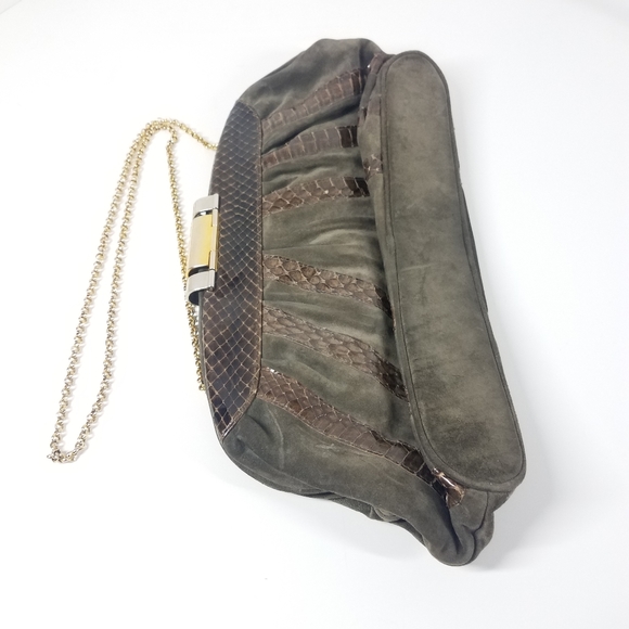 Vintage Dark Moss Green Suede Brown Snakeskin Purse - Picture 6 of 10